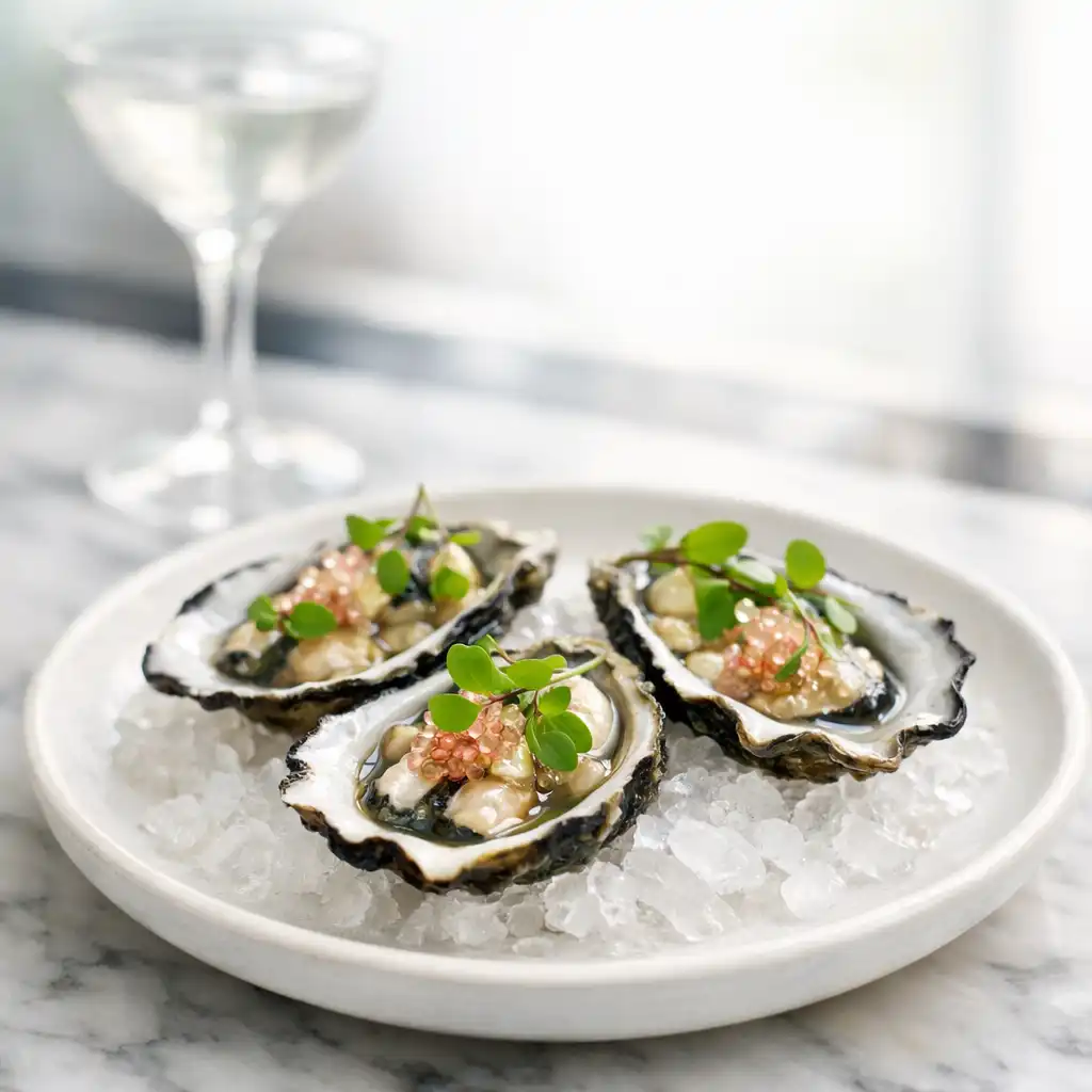 Sydney rock oysters with finger lime and microgreens on a white ceramic plate at a marble bar