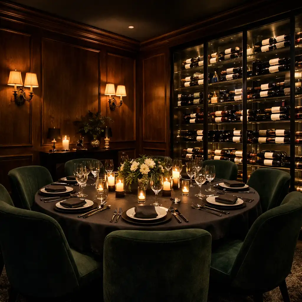 The Cellar Room with wood-panelled walls and curated wine wall
