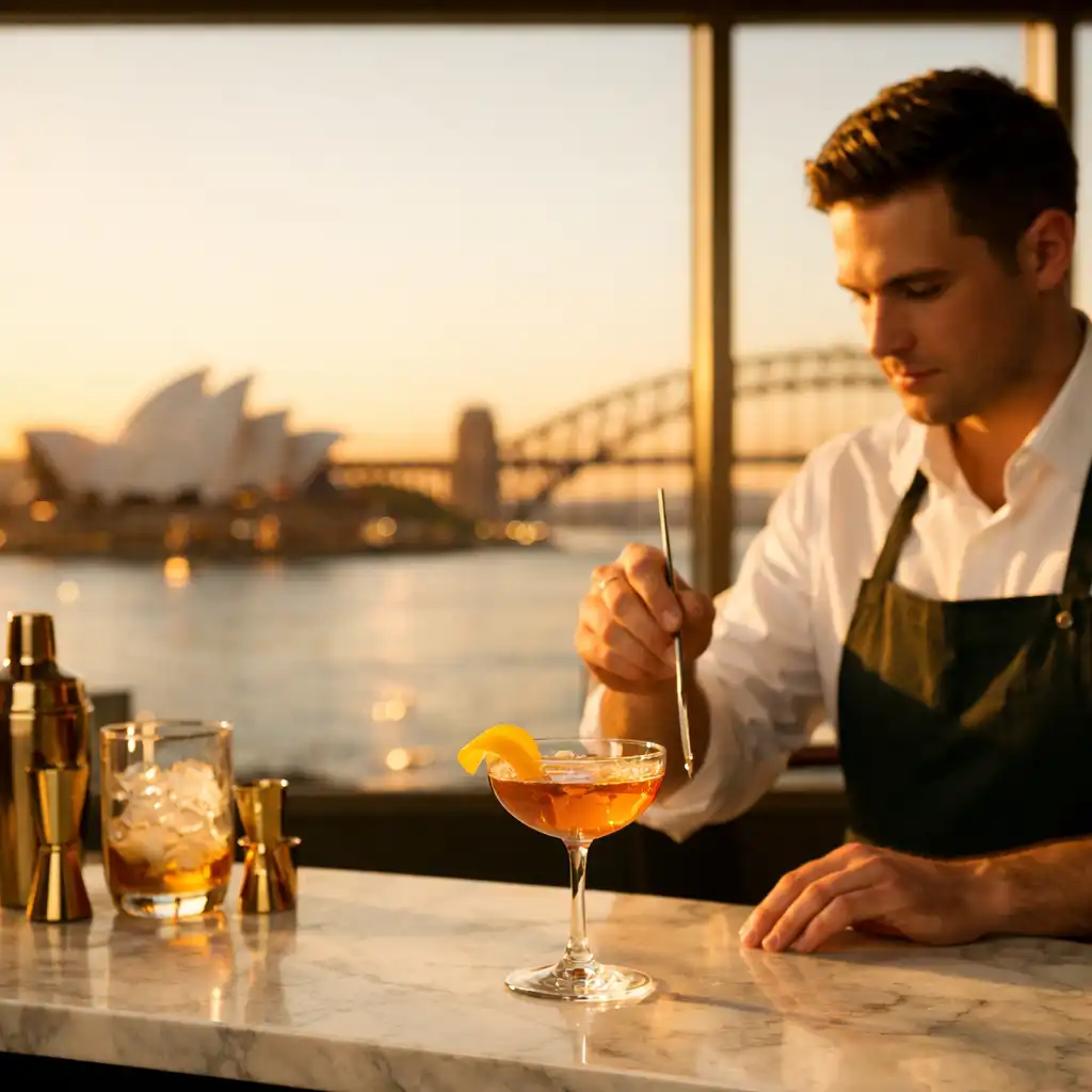 Bartender crafting a cocktail at a marble bar with Sydney Harbour visible through floor-to-ceiling windows