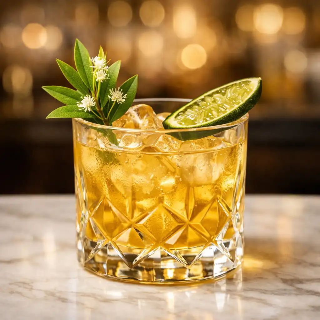 Handcrafted cocktail with lemon myrtle and finger lime garnish on a marble bar
