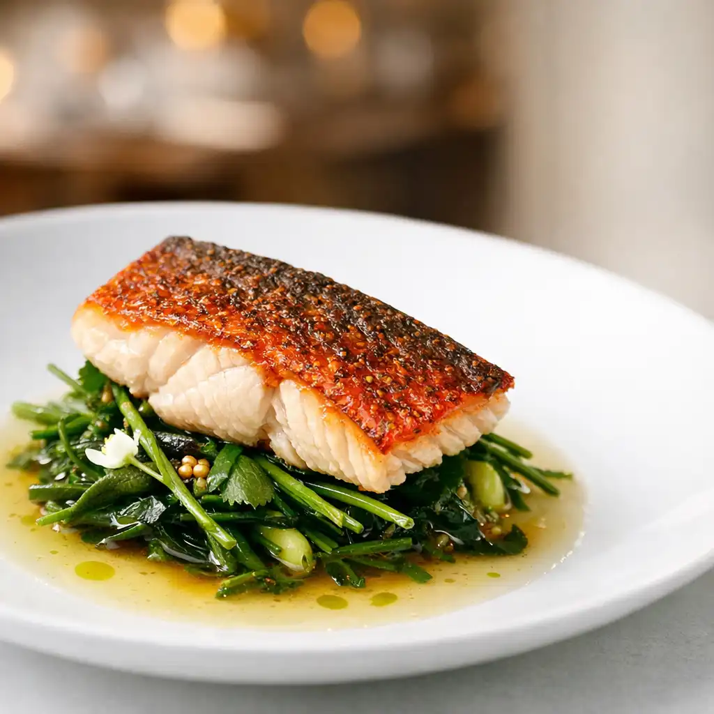 Pan-seared Coral Trout fillet with coastal greens and a light broth