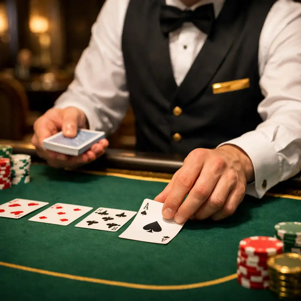 Professional croupier dealing cards at a private poker table in an elegant uniform