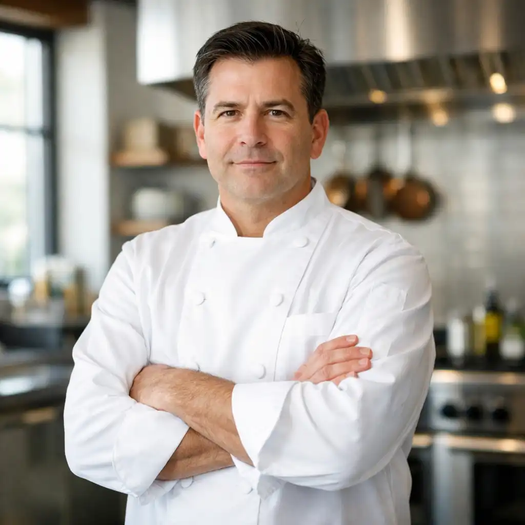 Portrait of the executive chef in a white chef's coat, standing in a bright modern kitchen with stainless steel surfaces and warm wood accents