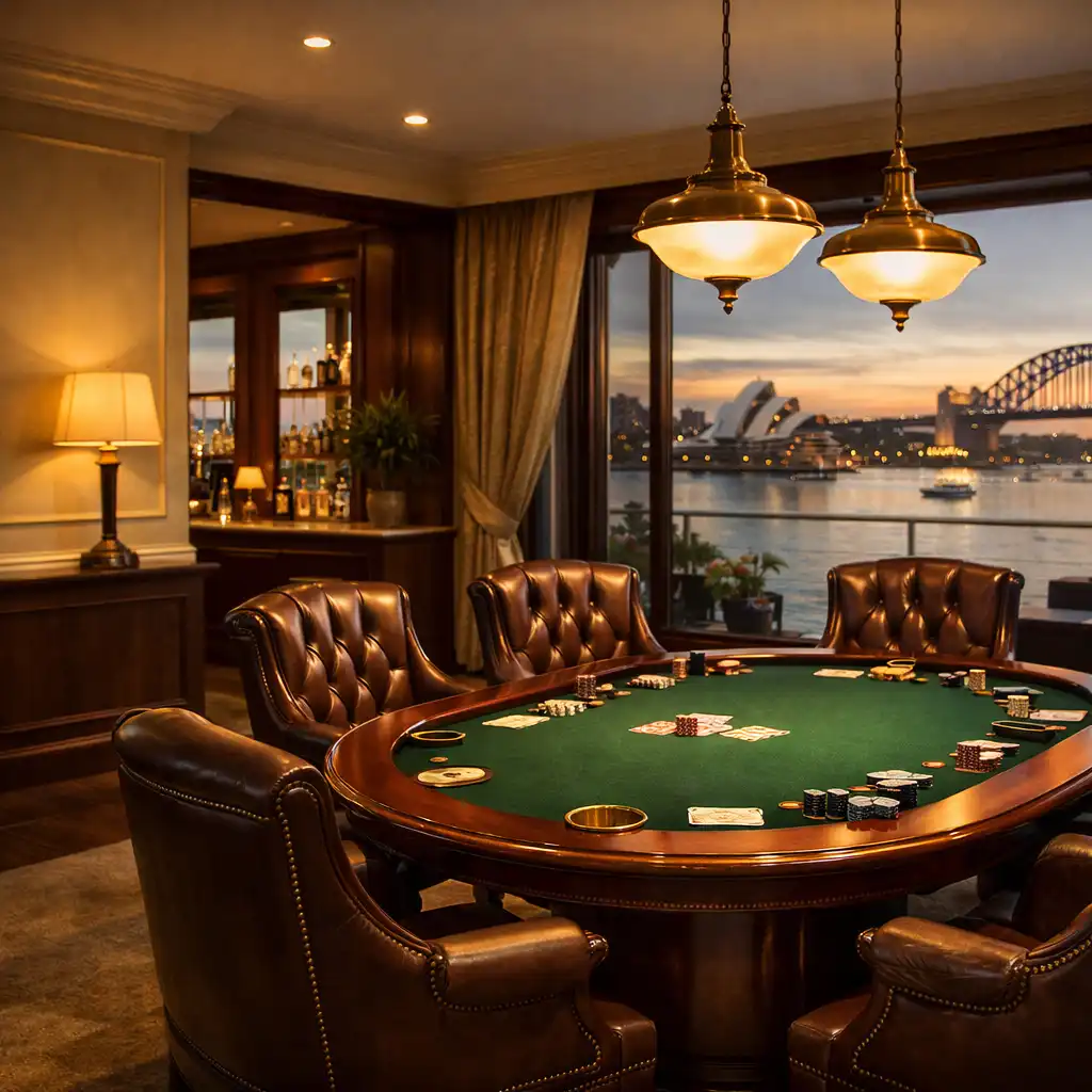 Private gaming salon with a polished mahogany poker table, leather chairs, brass lighting, and harbour views