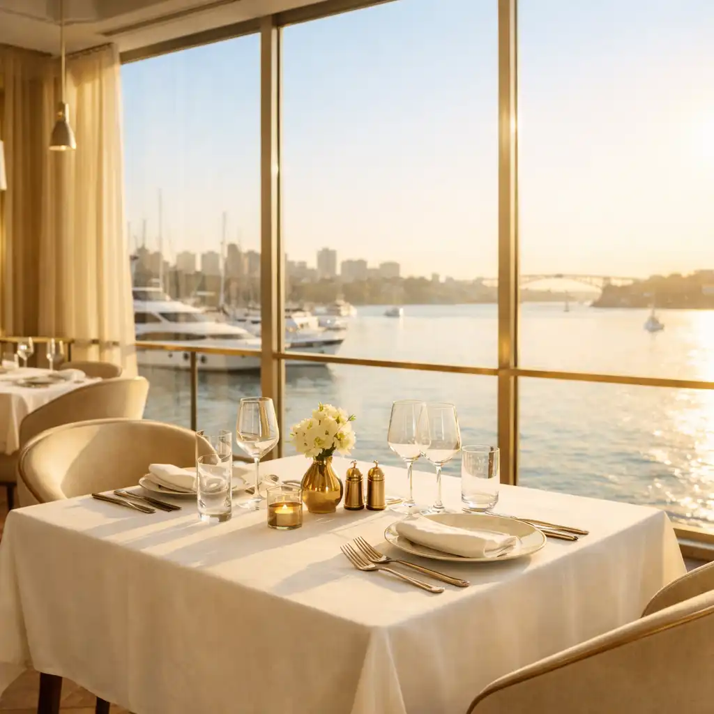 Sunlit waterfront dining room with an elegant table setting and harbour view