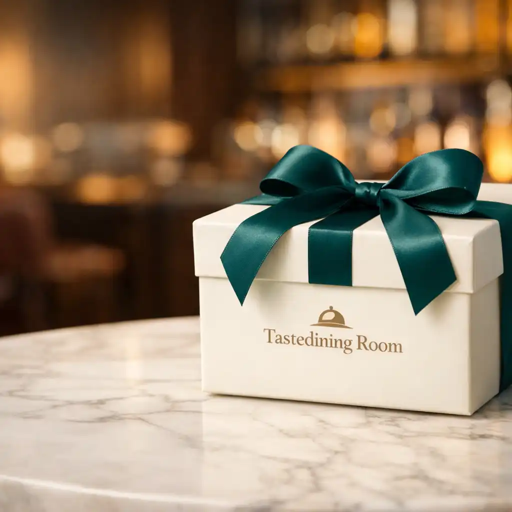 Elegant Tastedining Room gift box with marine green ribbon on a marble table