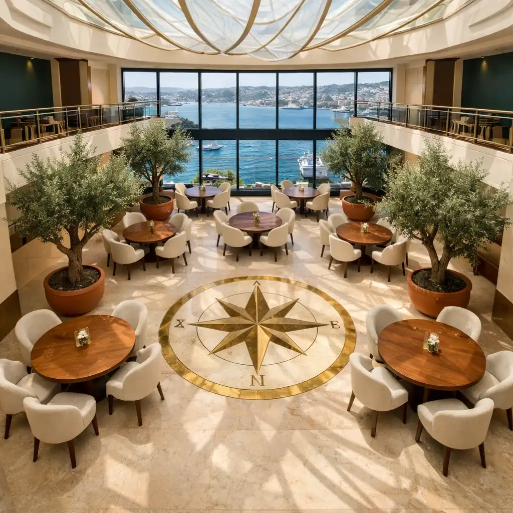 The Grand Sunlit Atrium with a sculptural skylight, travertine floor, and round walnut tables