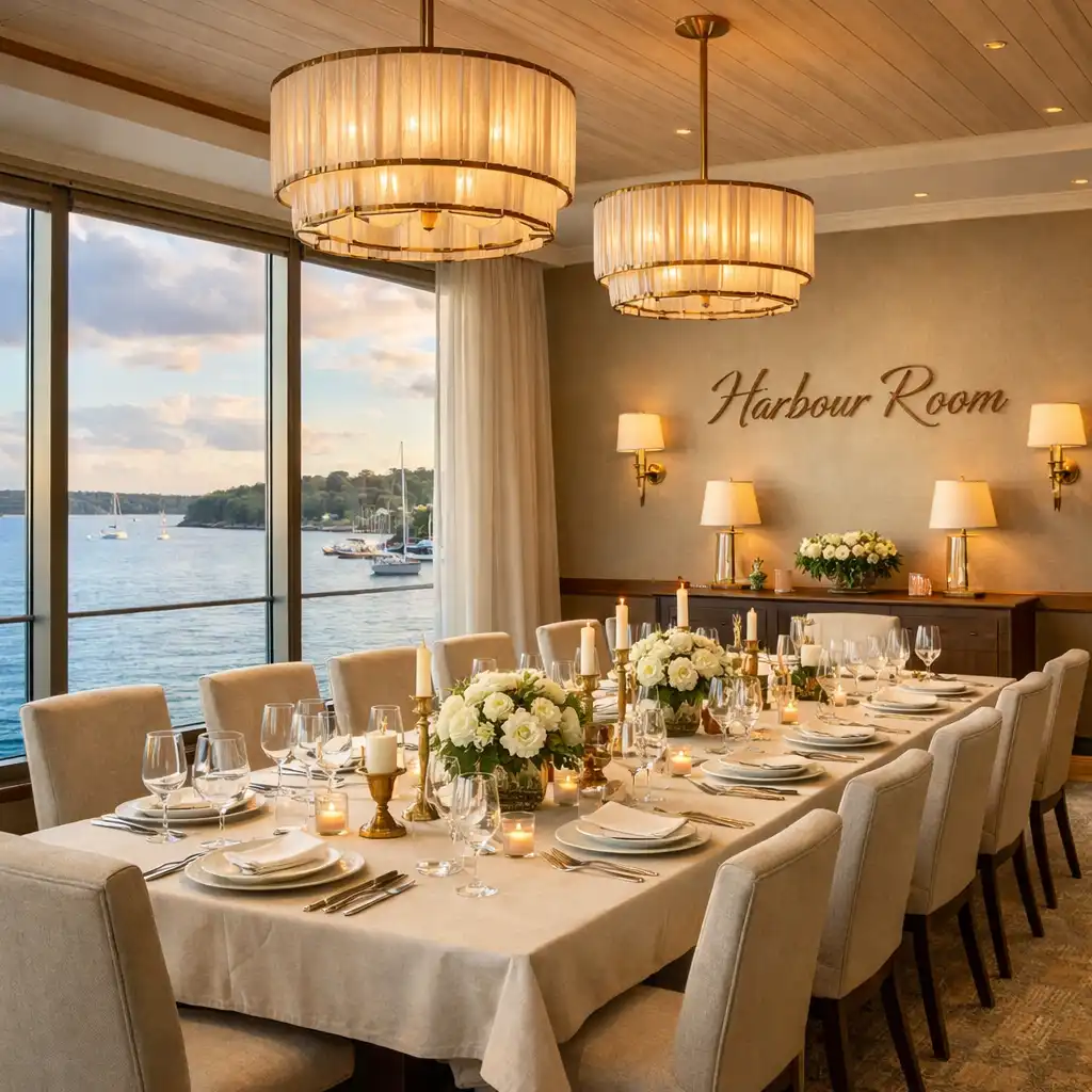 The Harbour Room with panoramic windows and elegant table setting