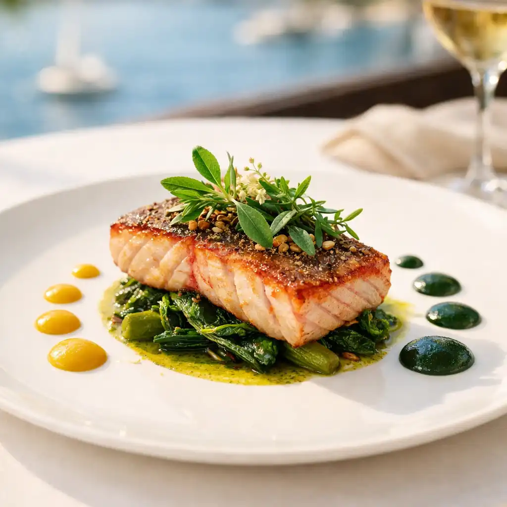 Seared Coral Trout with native Australian herbs on an elegant white plate
