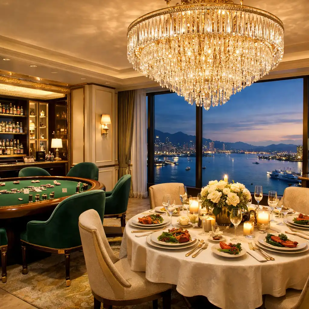 Private high-roller salon suite with gaming table, dining area, chandelier, and harbour views