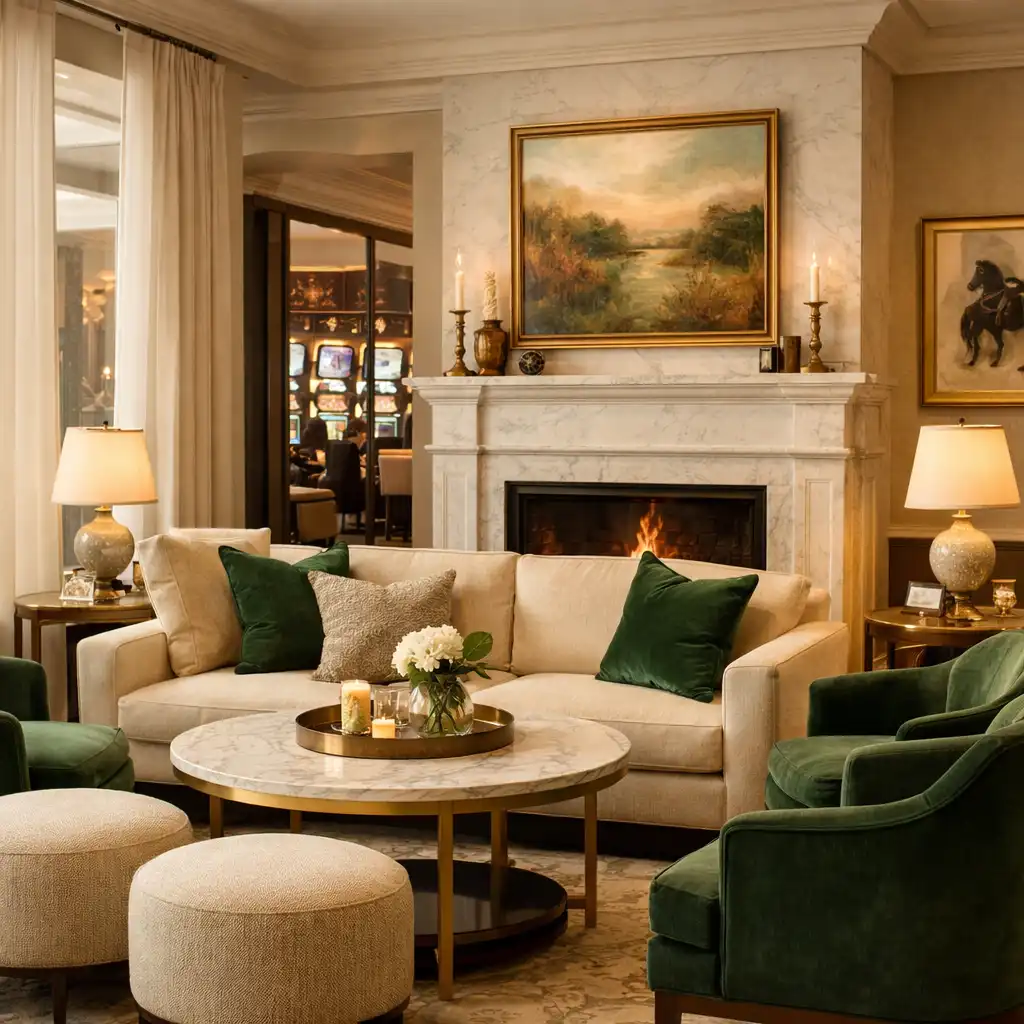 Private lounge interior with comfortable seating, marble fireplace, and elegant decor
