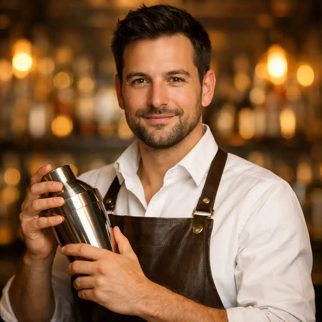 Portrait of a professional mixologist in a white shirt and apron holding a cocktail shaker