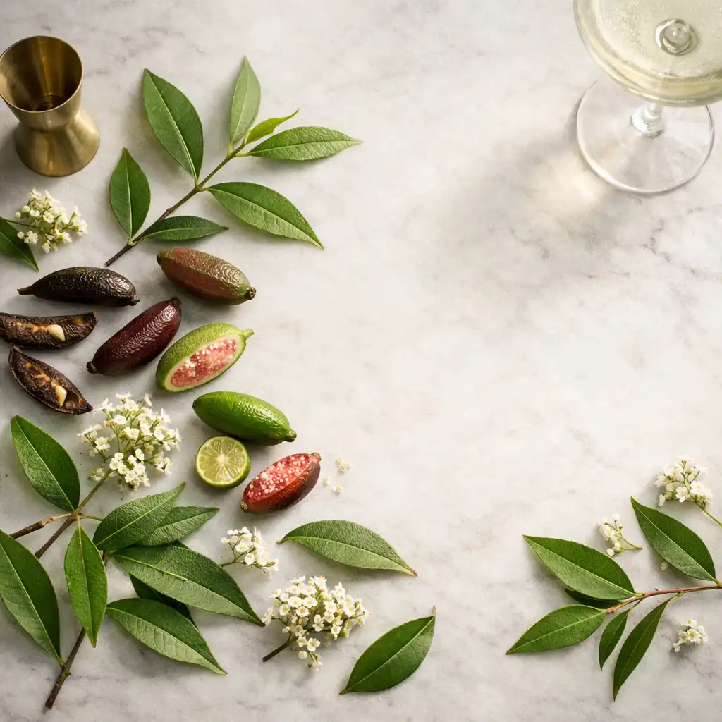 Flat lay of native Australian botanicals including lemon myrtle, finger limes, and wattleseed pods on a marble surface