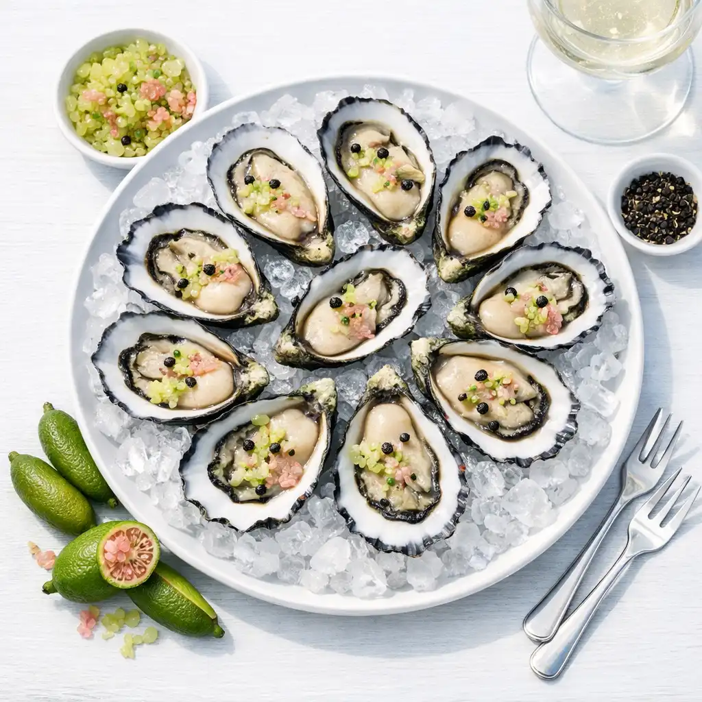 Platter of freshly shucked Sydney Rock Oysters with finger lime and native pepper
