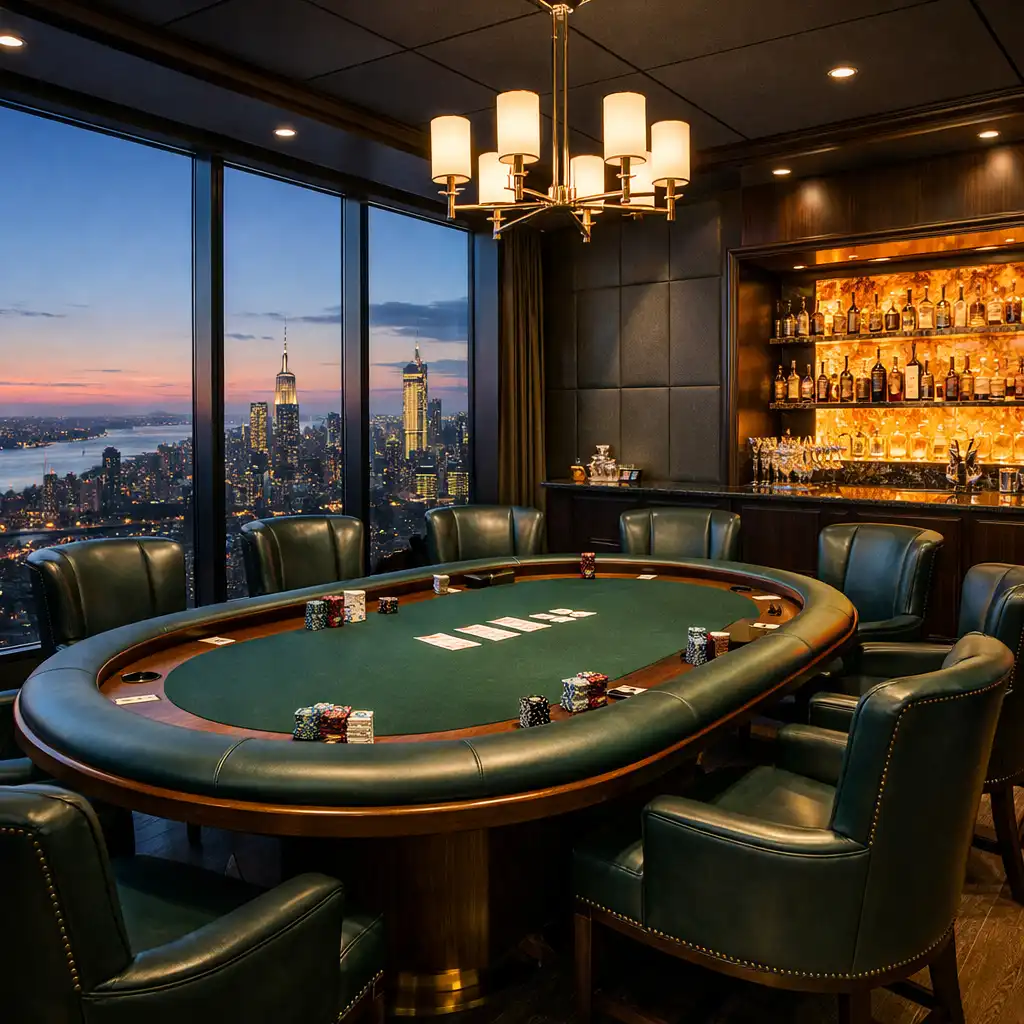 The Penthouse Gaming Salon with panoramic city views, a walnut gaming table, and a private bar