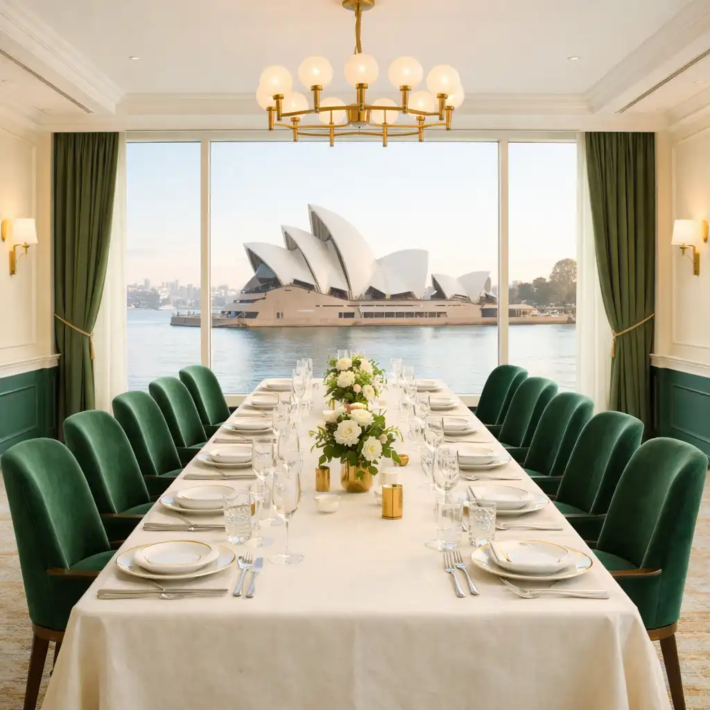 Luxurious private dining room with floor-to-ceiling windows overlooking Sydney Harbour