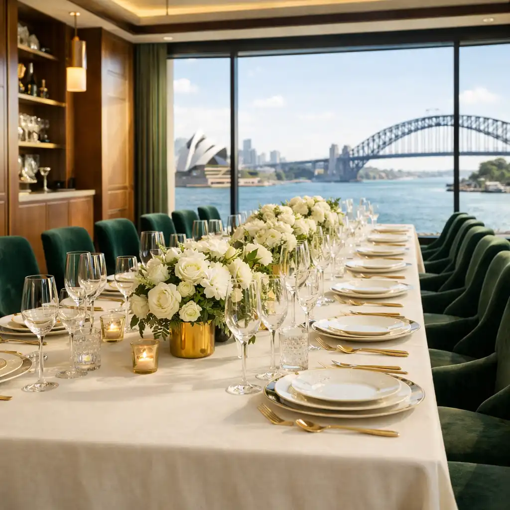 Elegant private dining room with a long table set for a degustation and harbour views