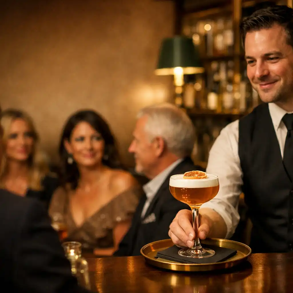 Small group of elegantly dressed guests seated at a private bar alcove with a mixologist presenting a cocktail