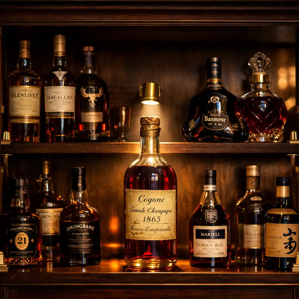 Backlit shelf of rare whisky and cognac bottles in a dark wood cabinet with brass accents