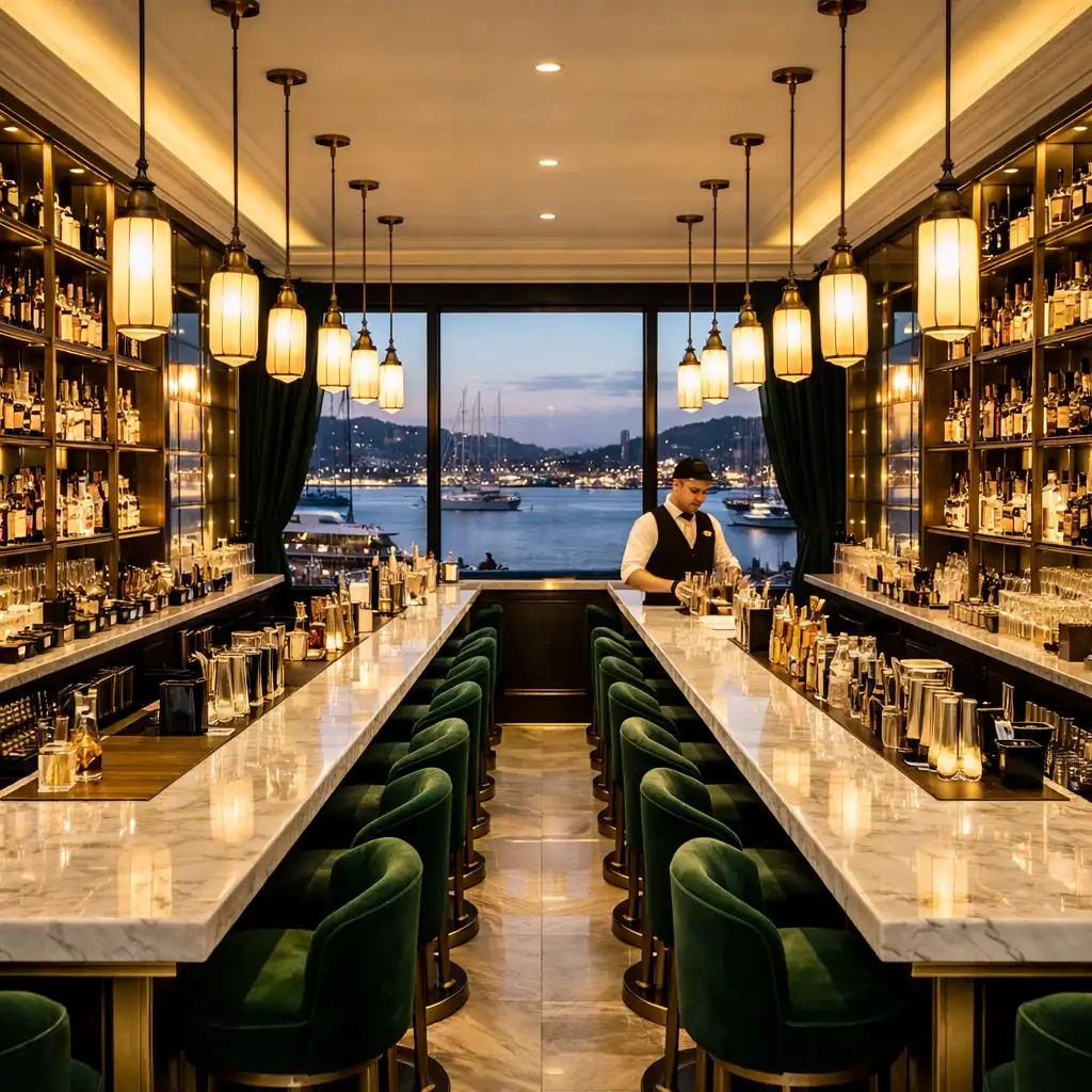Interior of a luxurious cocktail bar with marble counter, brass shelving, and plush velvet stools in deep green with harbour view