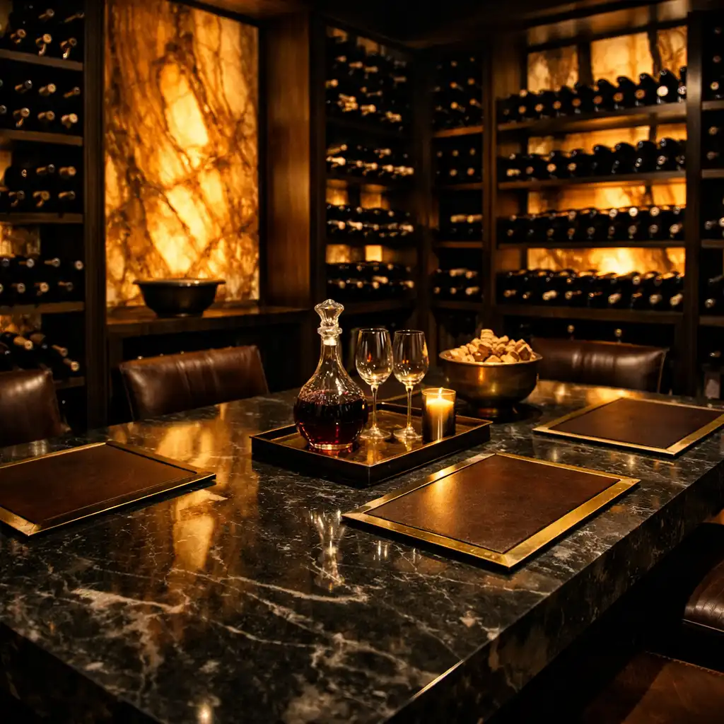 The Sommelier Vault with dark timber shelving, backlit onyx panels, and a polished stone tasting table