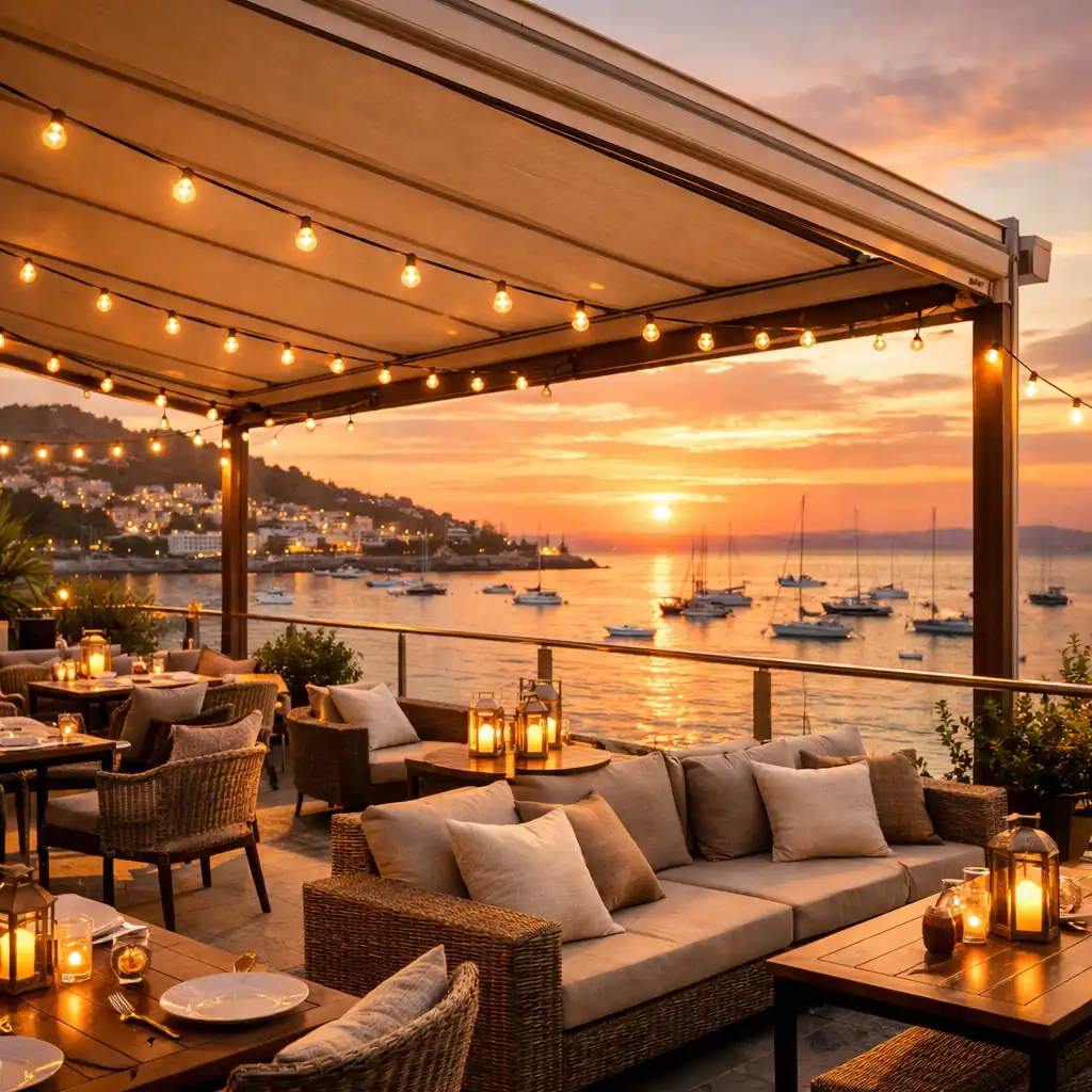 The Terrace open-air dining area overlooking the harbour at sunset