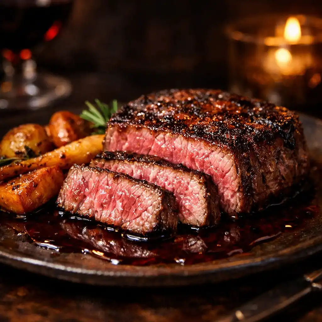 Sliced David Blackmore Fullblood Wagyu with roasted root vegetables and red wine jus