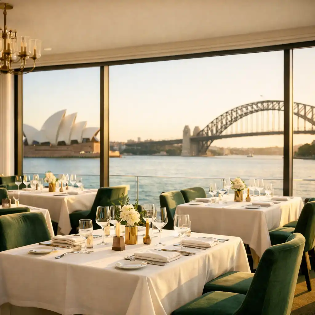 Sunlit waterfront dining room with floor-to-ceiling windows overlooking Sydney Harbour, white tablecloths, crystal glassware, and brass accents
