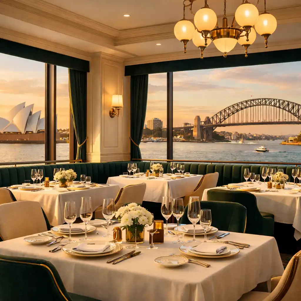 Waterfront dining room with harbour views at golden hour
