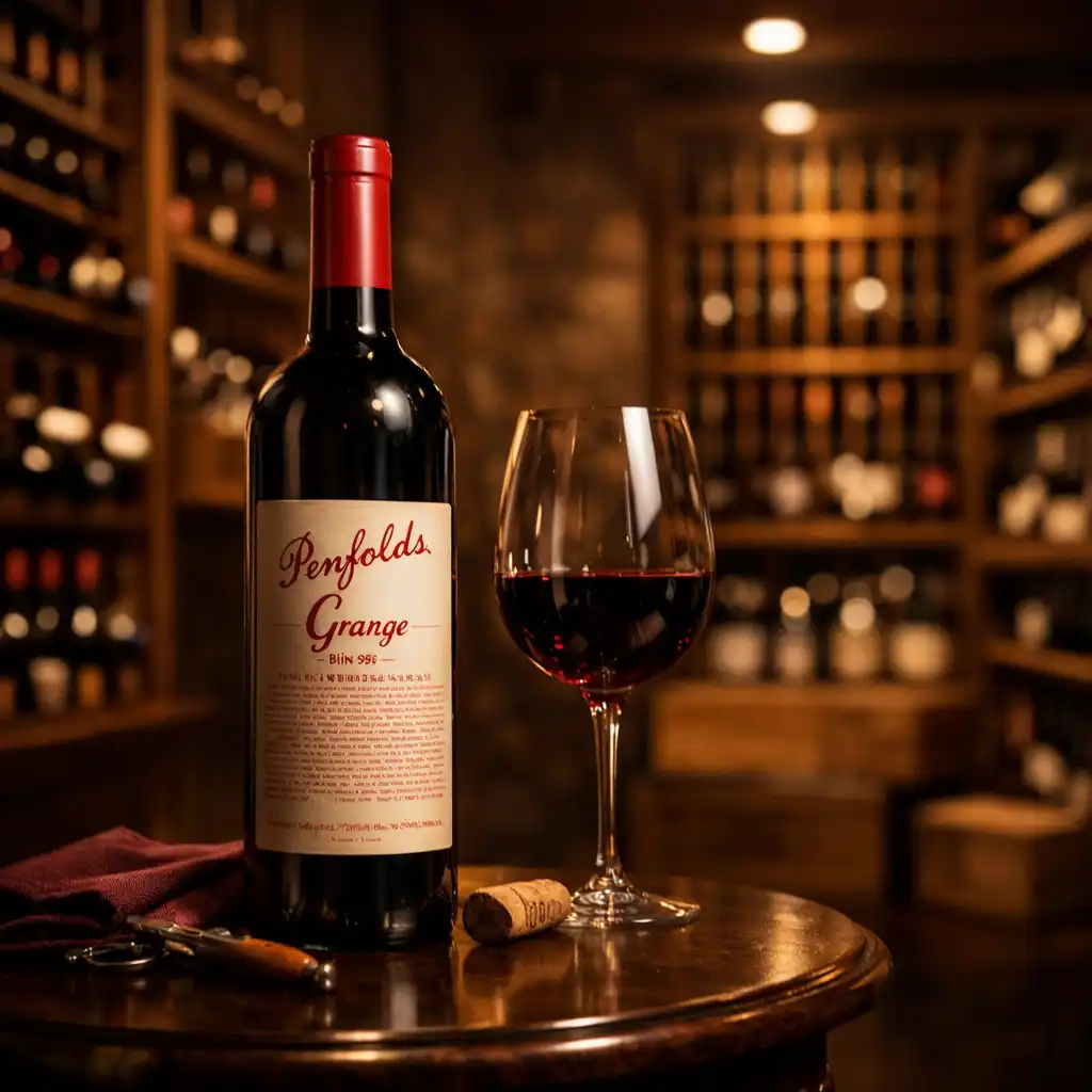 Luxurious wine cellar with a bottle of Penfolds Grange displayed on a table